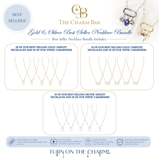 The Charm Bar Gold & Silver Best Seller Necklace Bundle featuring bestselling charm necklaces for charm bars and jewelry boutiques. Includes 10 gold Ashley necklaces with Piper carabiners, 10 gold Christie necklaces with Piper carabiners, and 10 silver Ashley necklaces with Piper carabiners. Fully assembled necklaces are ready for custom charm displays and boutique inventory.