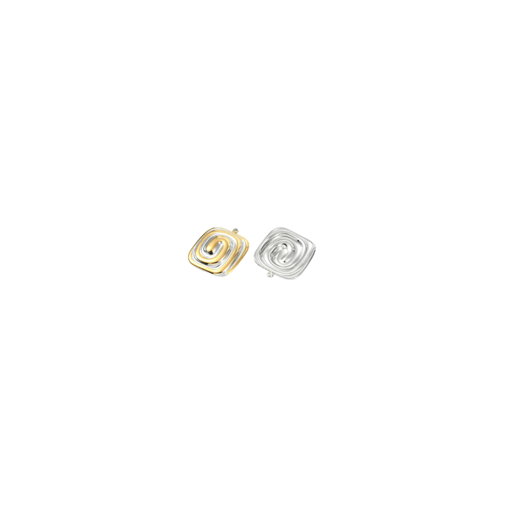Two gold and silver spiral charms displayed on a white background, showing both front and back views.