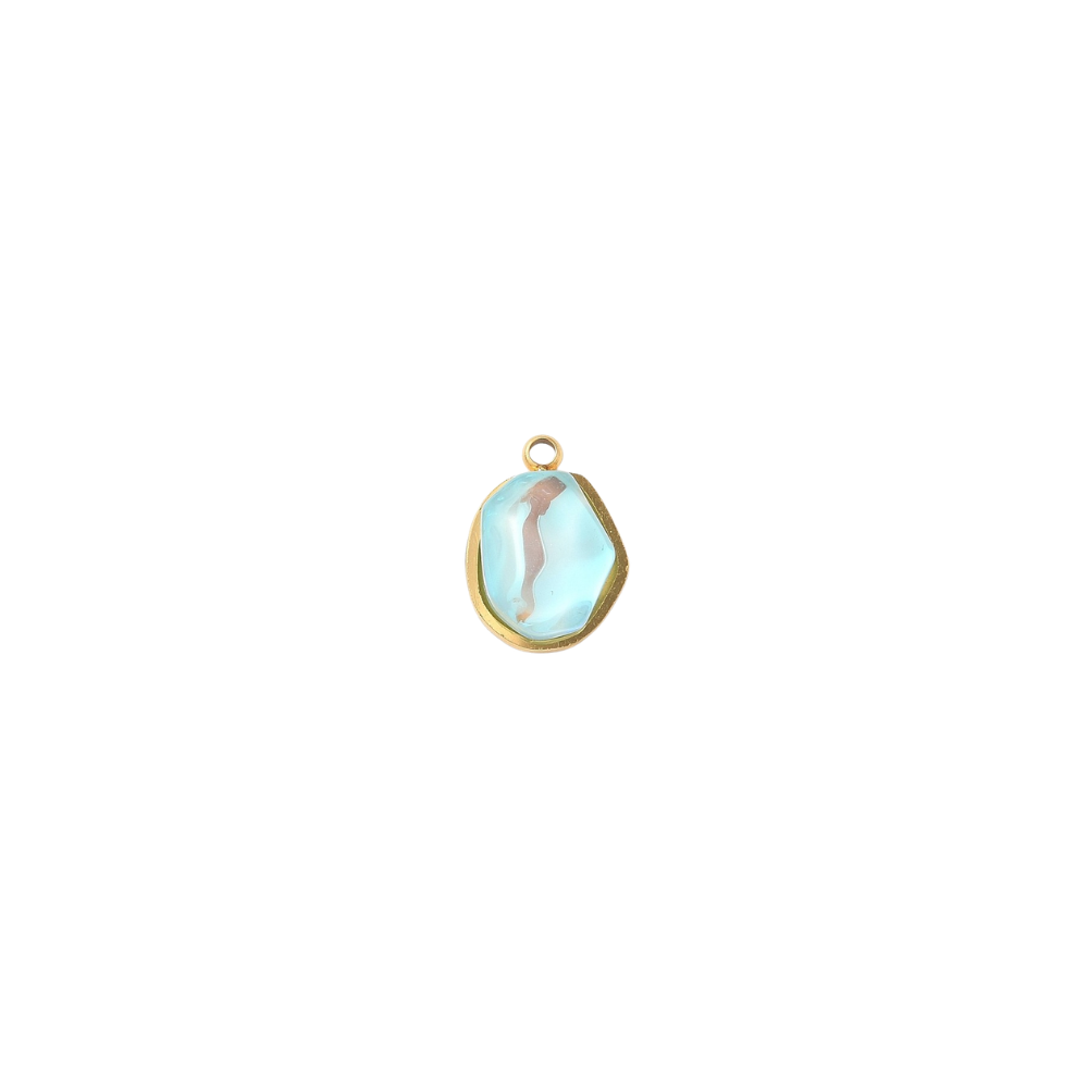 Gold aqua gemstone charm on a white background