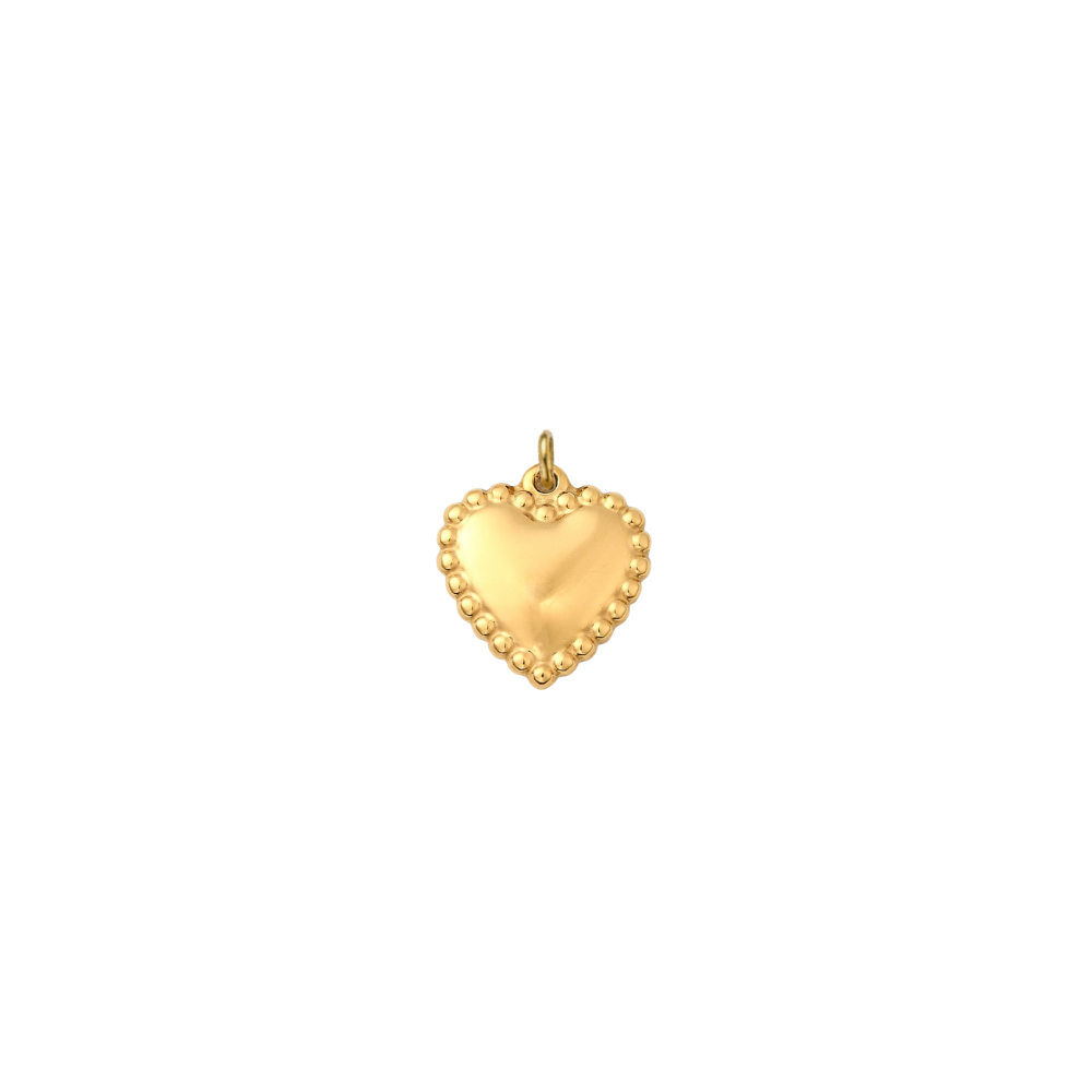 Gold heart charm with a polished center and beaded border on a transparent background.