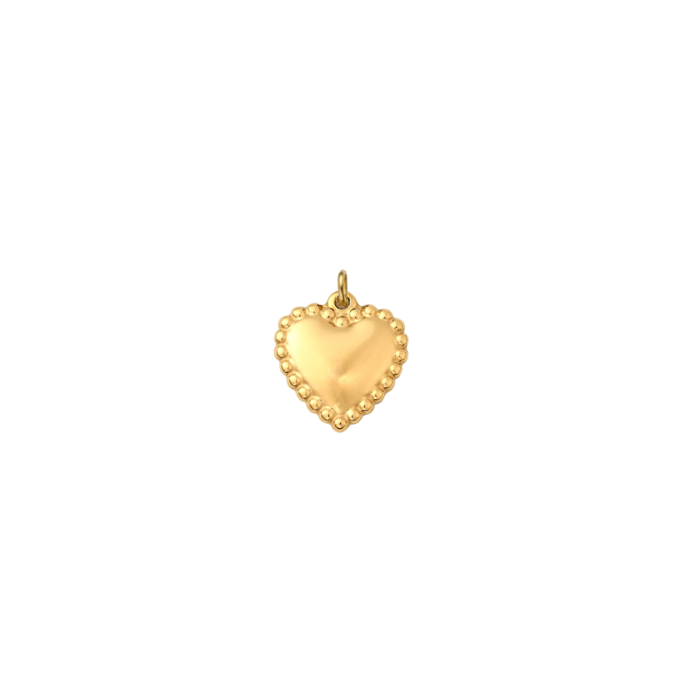 Gold heart charm with a polished center and beaded border on a white background.
