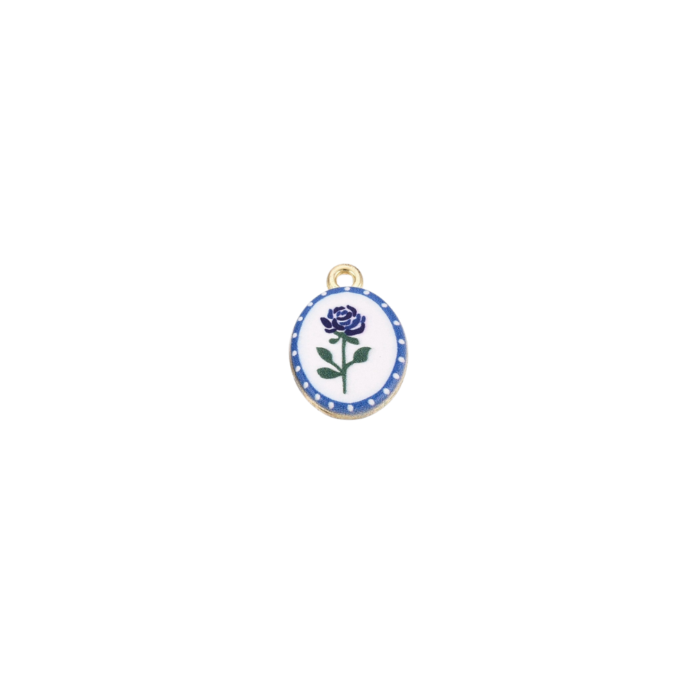 Gold oval charm featuring a blue rose floral design with a blue dotted border on a white background