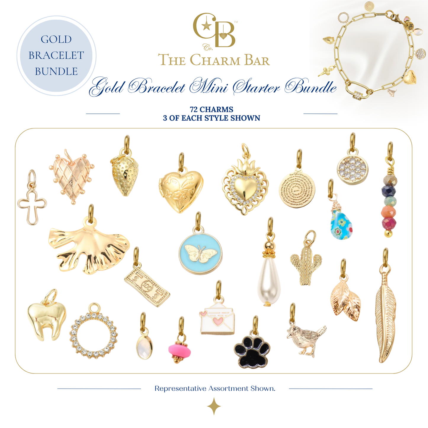 Representative assortment of 72 gold bracelet charms included in The Charm Bar Gold Bracelet Mini Starter Bundle, featuring heart lockets, butterfly, tooth, cross, cactus, feather, butterfly medallion, paw print, bird, pearl drop, gemstone, and other interchangeable 18K gold plated charms for custom charm bracelets.