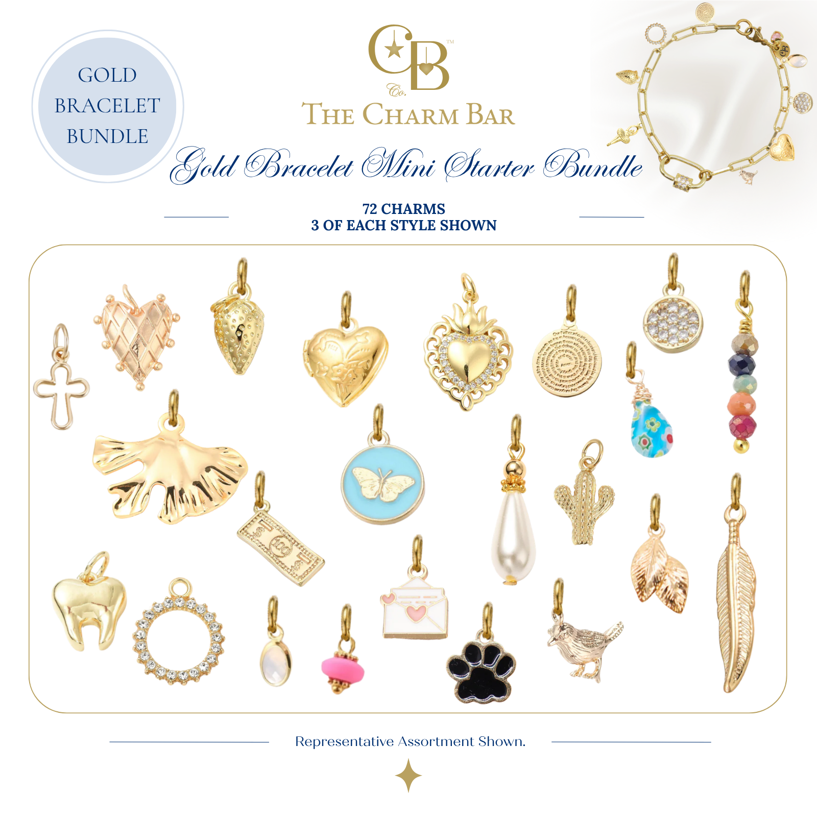 Representative assortment of 72 gold bracelet charms included in The Charm Bar Gold Bracelet Mini Starter Bundle, featuring heart lockets, butterfly, tooth, cross, cactus, feather, butterfly medallion, paw print, bird, pearl drop, gemstone, and other interchangeable 18K gold plated charms for custom charm bracelets.