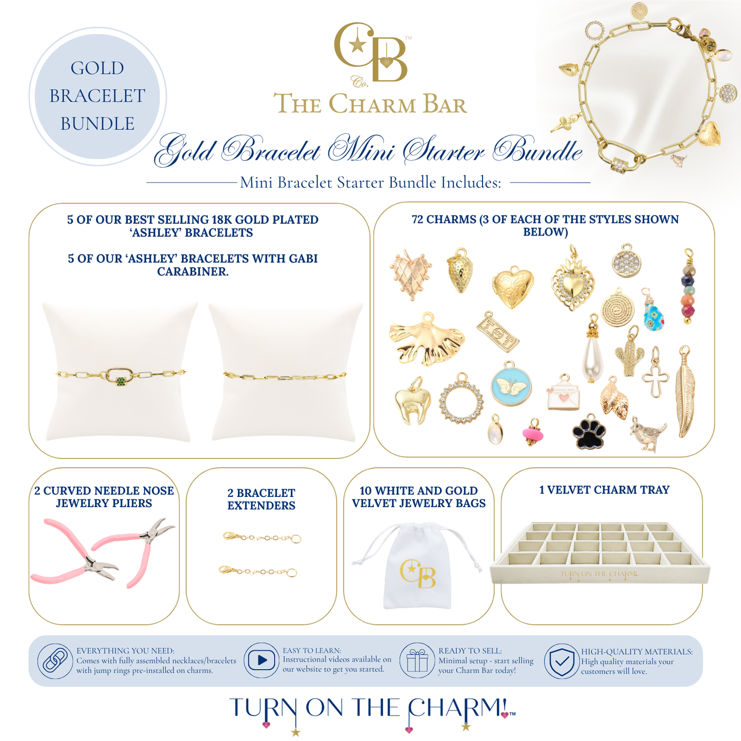 Gold Bracelet Mini Starter Bundle featuring 18K gold plated Ashley bracelets, Ashley bracelets with Gabi carabiners, 72 waterproof gold charms, bracelet extenders, jewelry pliers, a velvet display tray, and branded jewelry bags for creating custom charm bracelets in boutiques and retail stores.