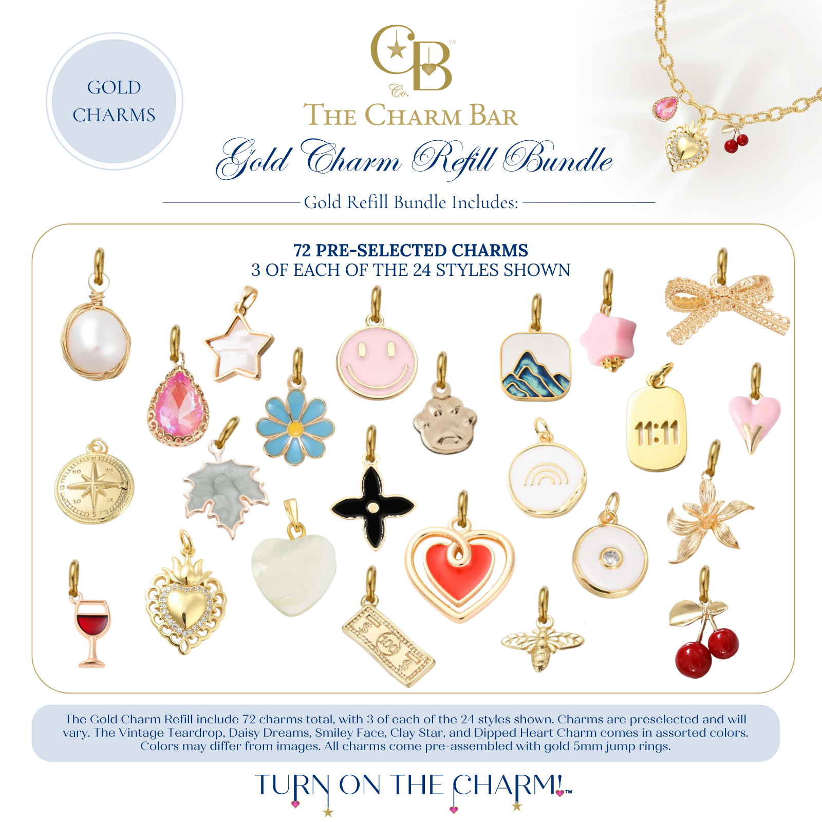 The Charm Bar Gold Charm Refill Bundle featuring 72 pre-selected interchangeable gold charms, including pearls, hearts, flowers, smiley faces, mountains, cherries, bees, stars, gemstones, bows, wine glass, compass, rainbow, ticket, clover, and other everyday designs for creating custom charm necklaces and bracelets.