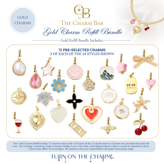 The Charm Bar Gold Charm Refill Bundle featuring 72 pre-selected interchangeable gold charms, including pearls, hearts, flowers, smiley faces, mountains, cherries, bees, stars, gemstones, bows, wine glass, compass, rainbow, ticket, clover, and other everyday designs for creating custom charm necklaces and bracelets.
