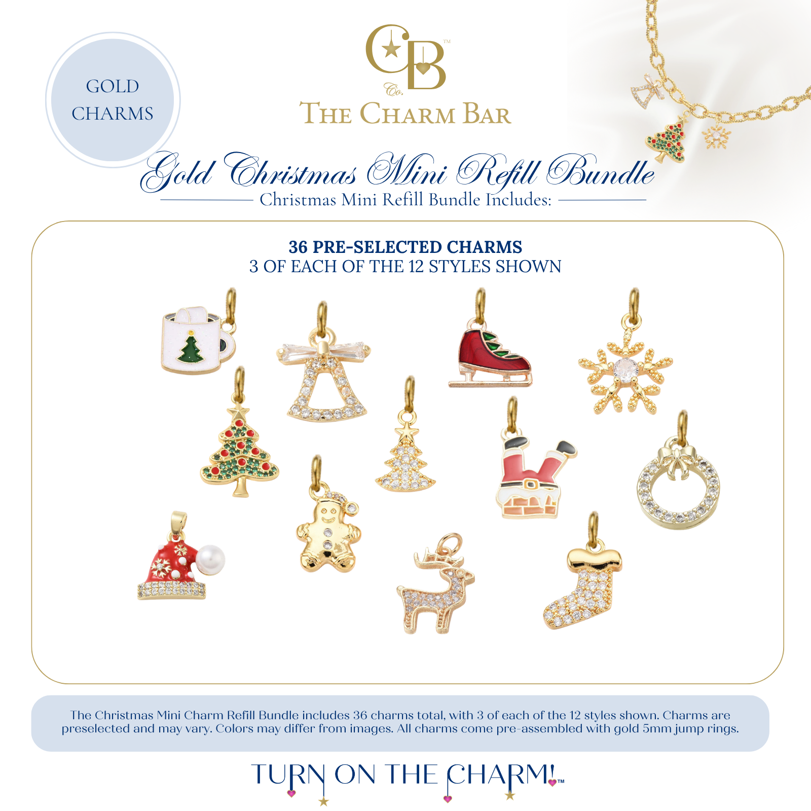 The Charm Bar Gold Christmas Mini Refill Bundle featuring 36 pre-selected gold Christmas charms with three of each of 12 festive styles. Includes Christmas trees, snowflakes, ice skates, stockings, Santa hats, gingerbread men, reindeer, wreaths, bells, Christmas mugs, Santa chimney charms, and sparkling holiday accents for creating custom Christmas charm necklaces and bracelets.