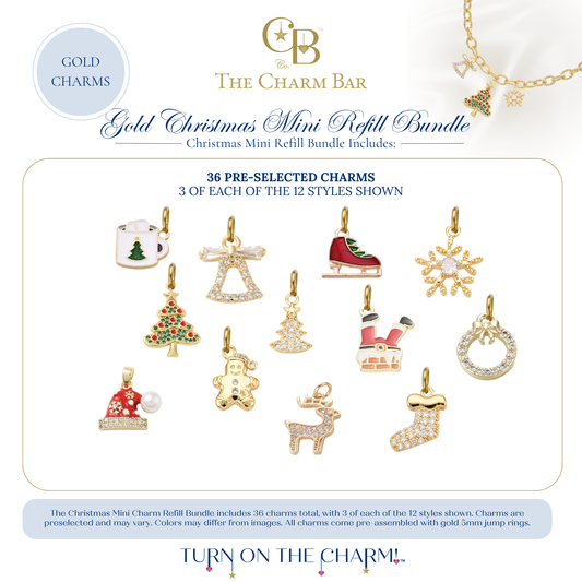 The Charm Bar Gold Christmas Mini Refill Bundle featuring 36 pre-selected gold Christmas charms with three of each of 12 festive styles. Includes Christmas trees, snowflakes, ice skates, stockings, Santa hats, gingerbread men, reindeer, wreaths, bells, Christmas mugs, Santa chimney charms, and sparkling holiday accents for creating custom Christmas charm necklaces and bracelets.