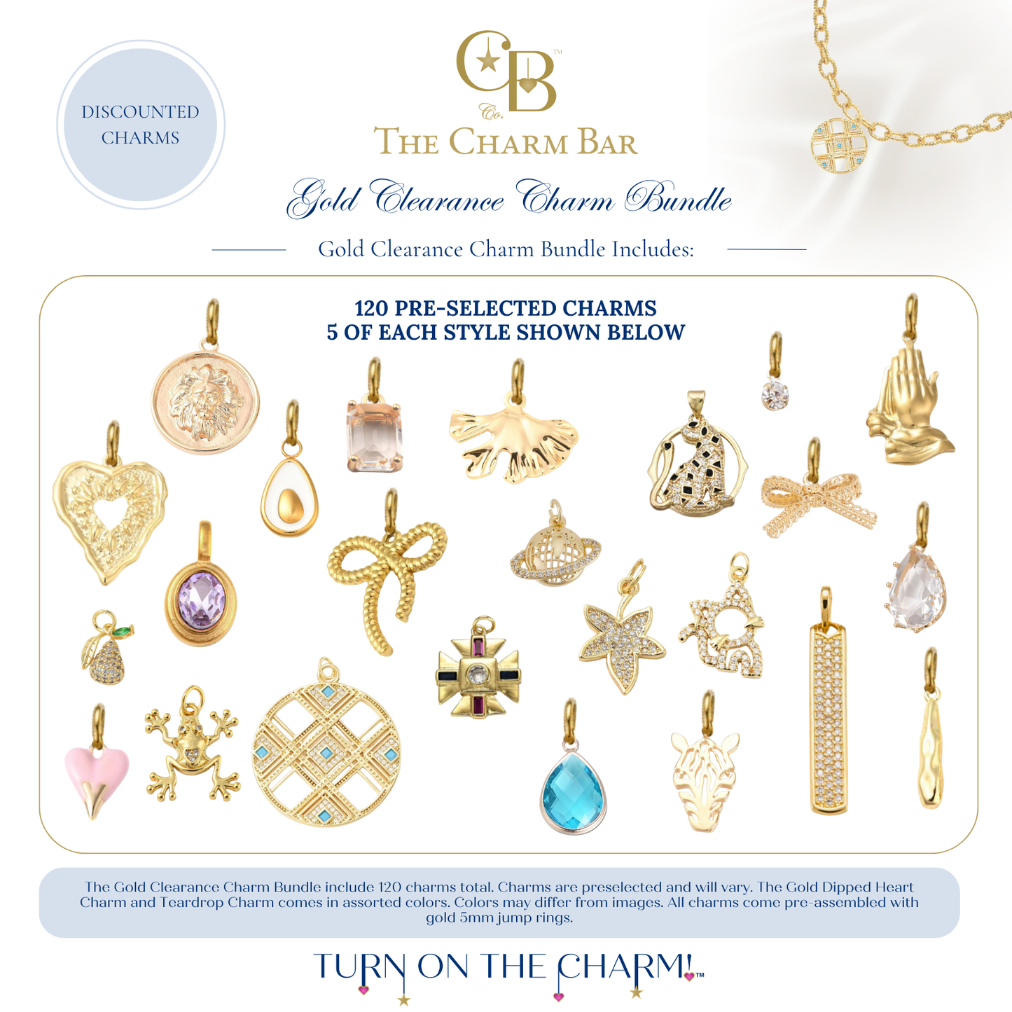 The Charm Bar Gold Clearance Charm Bundle featuring 120 pre-selected gold charms with five of each style. Includes assorted discounted charms such as hearts, gemstones, bows, floral designs, crosses, frogs, zebras, praying hands, planets, stars, bar pendants, animal charms, teardrops, and statement pieces for creating custom charm necklaces and bracelets.