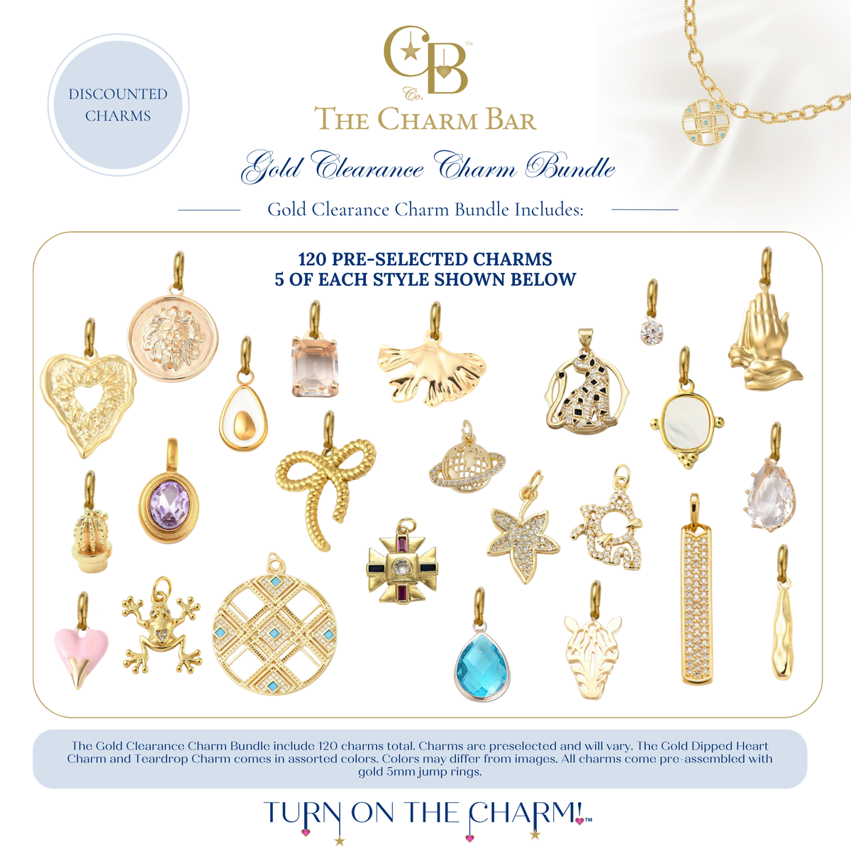 The Charm Bar Gold Clearance Charm Bundle featuring 120 pre-selected gold charms with five of each style. Includes assorted discounted charms such as hearts, gemstones, bows, floral designs, crosses, frogs, zebras, praying hands, planets, stars, bar pendants, animal charms, teardrops, and statement pieces for creating custom charm necklaces and bracelets.