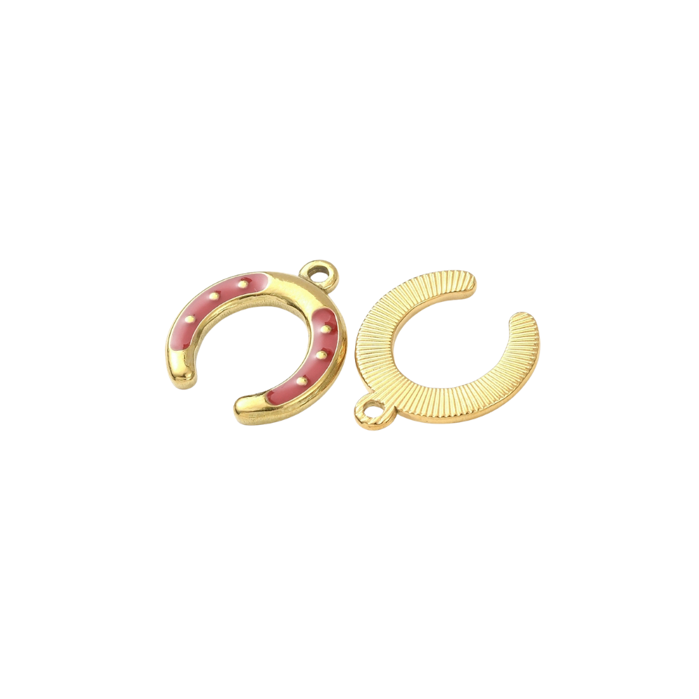 Front and back angled view of a gold horseshoe charm with assorted enamel accents and raised gold dot details on a white background