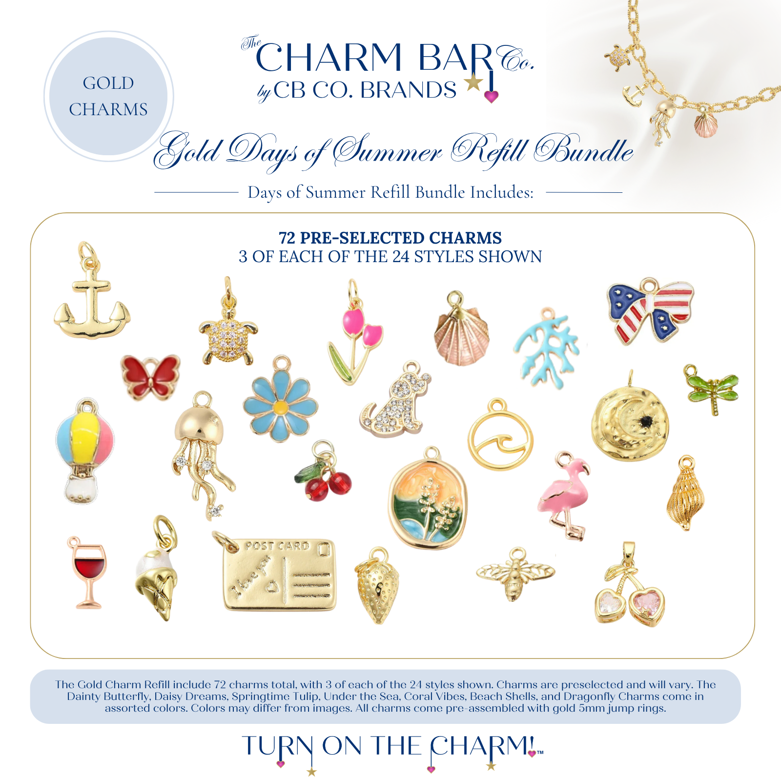 The Charm Bar Gold Days of Summer Refill Bundle featuring 72 pre-selected gold charms with three of each style. Includes beach, coastal, and summer-inspired charms such as anchors, seashells, coral, jellyfish, turtles, flamingos, waves, butterflies, flowers, dragonflies, cherries, strawberries, hot air balloons, postcards, patriotic bows, wine glasses, and sparkling accent charms for creating custom charm necklaces and bracelets.