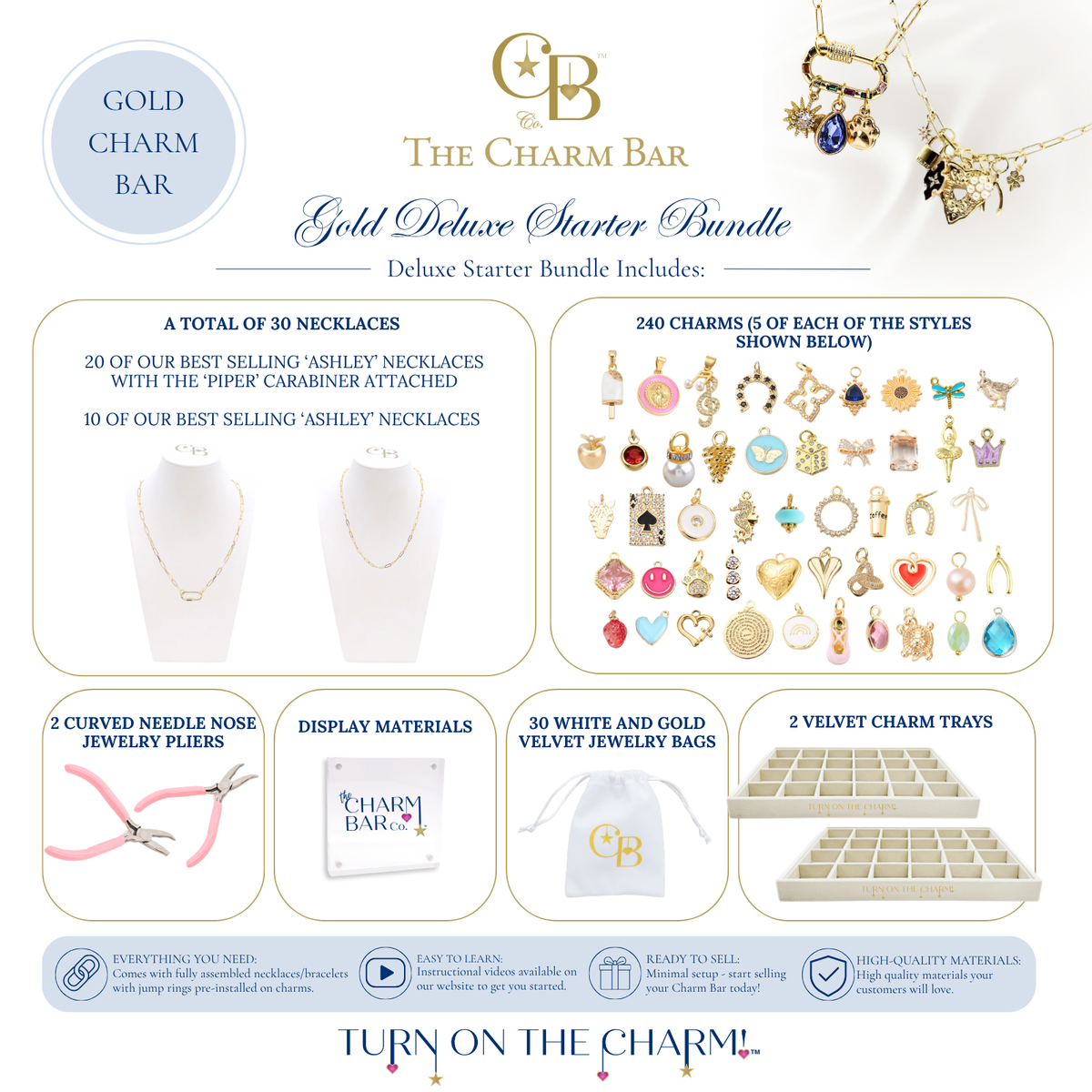 Gold Deluxe Starter Bundle for The Charm Bar featuring 30 necklace bases, 240 assorted charms, jewelry pliers, display signage, 30 white and gold velvet jewelry bags, and two velvet charm trays for creating a custom charm bar display.