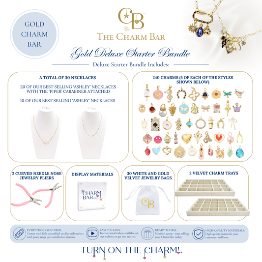 Gold Deluxe Starter Bundle for The Charm Bar featuring 30 necklace bases, 240 assorted charms, jewelry pliers, display signage, 30 white and gold velvet jewelry bags, and two velvet charm trays for creating a custom charm bar display.