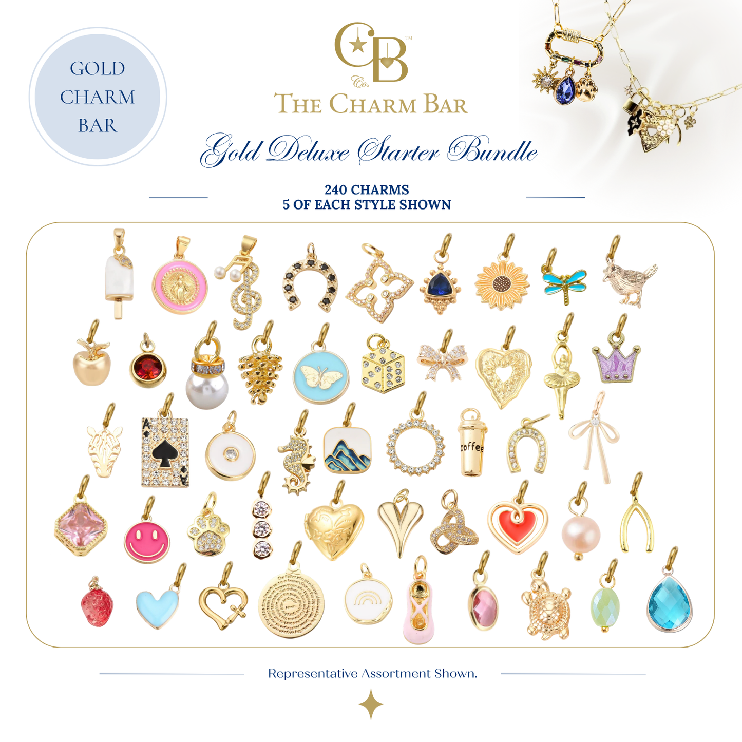 Representative assortment of 240 charms included in The Charm Bar Gold Deluxe Starter Bundle, featuring colorful enamel, gemstone, faith-inspired, floral, heart, animal, travel, western, and everyday gold charms for creating custom charm necklaces and bracelets.