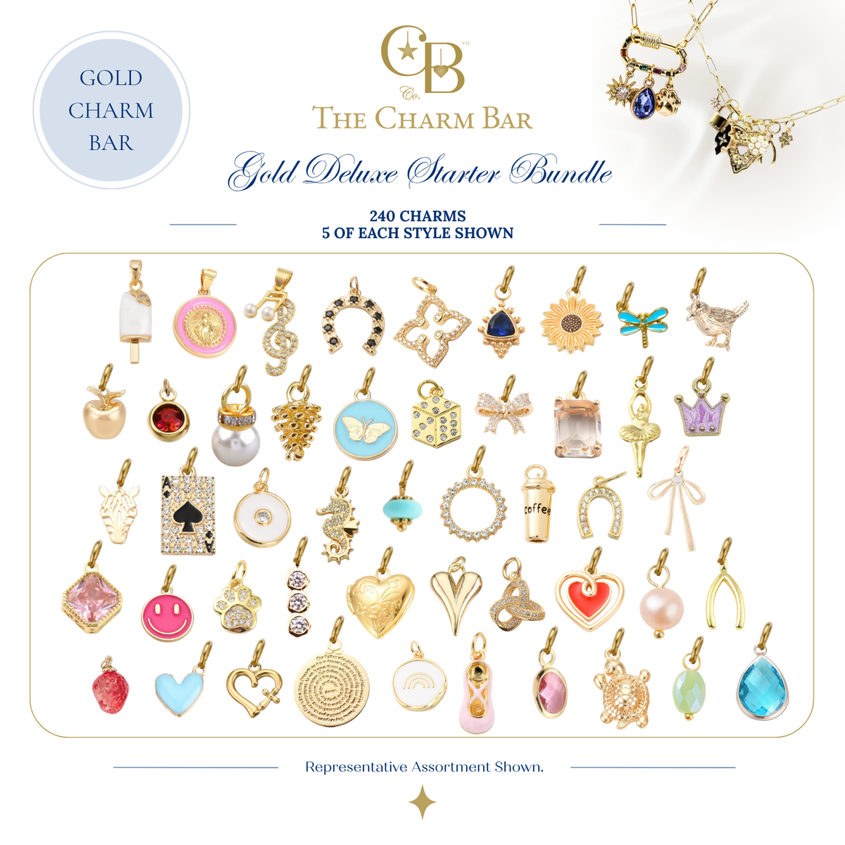 Representative assortment of 240 charms included in The Charm Bar Gold Deluxe Starter Bundle, featuring colorful enamel, gemstone, faith-inspired, floral, heart, animal, travel, western, and everyday gold charms for creating custom charm necklaces and bracelets.