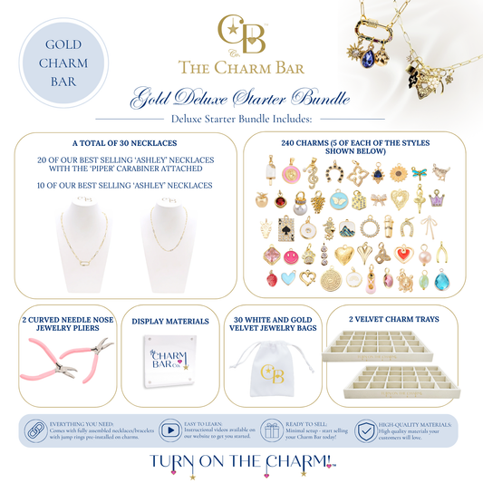 Gold Deluxe Starter Bundle for The Charm Bar featuring 30 necklace bases, 240 assorted charms, jewelry pliers, display signage, 30 white and gold velvet jewelry bags, and two velvet charm trays for creating a custom charm bar display.