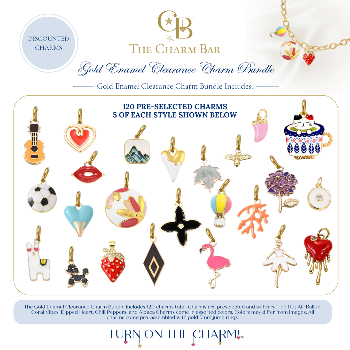 The Charm Bar Gold Enamel Clearance Charm Bundle featuring 120 pre-selected gold enamel charms with five of each style. Includes colorful assorted clearance charms such as guitars, hearts, lips, mountains, flowers, strawberries, flamingos, alpacas, soccer balls, poodles, hot air balloons, coral, hydrangeas, coffee cups, bees, chili peppers, and other playful designs for creating custom charm necklaces and bracelets.
