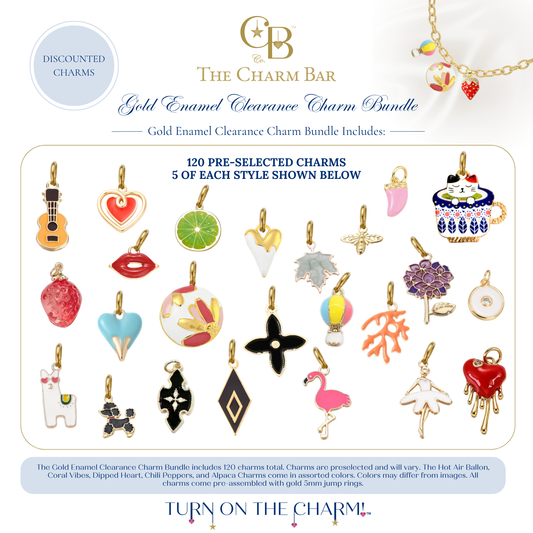 The Charm Bar Gold Enamel Clearance Charm Bundle featuring 120 pre-selected gold enamel charms with five of each style. Includes colorful assorted clearance charms such as guitars, hearts, lips, mountains, flowers, strawberries, flamingos, alpacas, soccer balls, poodles, hot air balloons, coral, hydrangeas, coffee cups, bees, chili peppers, and other playful designs for creating custom charm necklaces and bracelets.