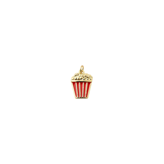 Gold popcorn bucket charm with red enamel stripes and textured popcorn detail, displayed on a white background.
