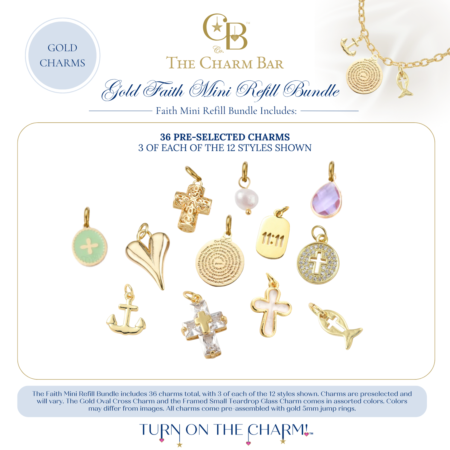 The Charm Bar Gold Faith Mini Refill Bundle featuring 36 pre-selected gold faith-inspired charms with three of each of 12 styles. Includes crosses, fish symbols, anchors, prayer medallions, 11:11 tags, heart charms, pearl and gemstone accents, and Christian-inspired gold charms for creating meaningful custom charm necklaces and bracelets.