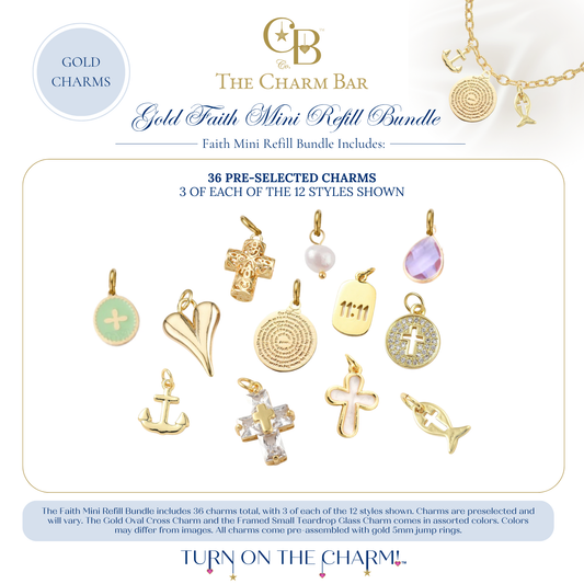 The Charm Bar Gold Faith Mini Refill Bundle featuring 36 pre-selected gold faith-inspired charms with three of each of 12 styles. Includes crosses, fish symbols, anchors, prayer medallions, 11:11 tags, heart charms, pearl and gemstone accents, and Christian-inspired gold charms for creating meaningful custom charm necklaces and bracelets.