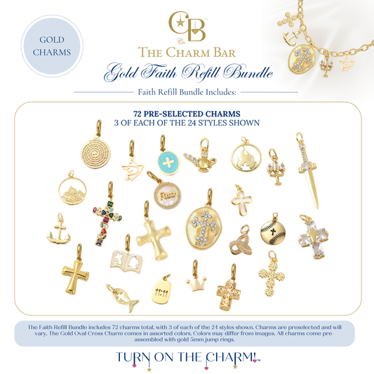 The Charm Bar Gold Faith Refill Bundle featuring 72 pre-selected gold faith-inspired charms with three of each of 24 styles. Includes crosses, praying hands, doves, anchors, Bibles, fish symbols, prayer medallions, faith word charms, crowns, 11:11 tags, Christian baseball charms, ornate crosses, lanterns, flames, and religious-inspired gold charms for creating meaningful custom charm necklaces and bracelets.