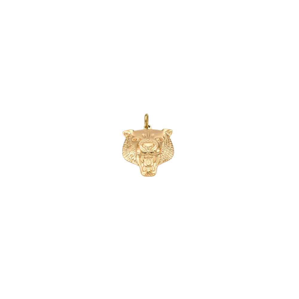 Gold fierce tiger head charm with detailed engraved features on a transparent background.