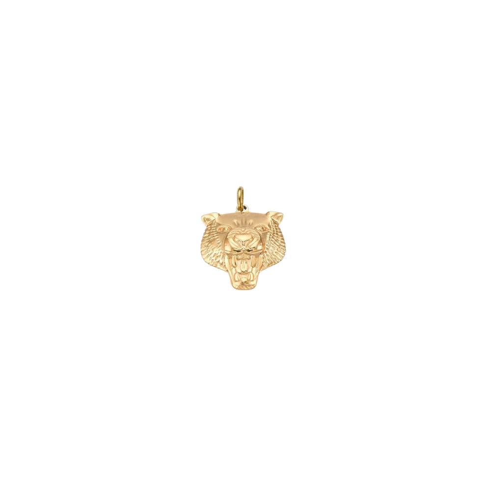 Gold fierce tiger head charm with detailed engraved features on a white background.