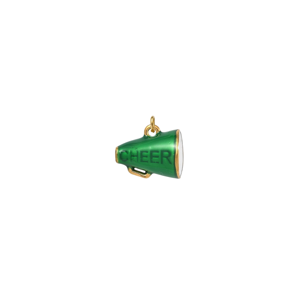 Gold green megaphone charm featuring the word "CHEER" in bold lettering on a transparent background.
