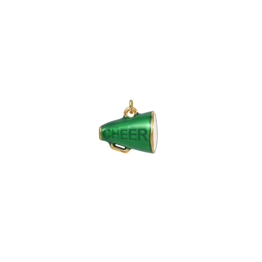 Gold green megaphone charm featuring the word "CHEER" in bold lettering on a white background.