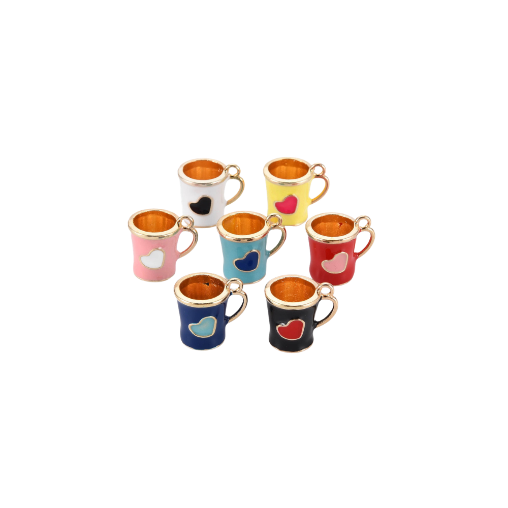 Assorted color enamel coffee cup with heart details and gold accents on a white background