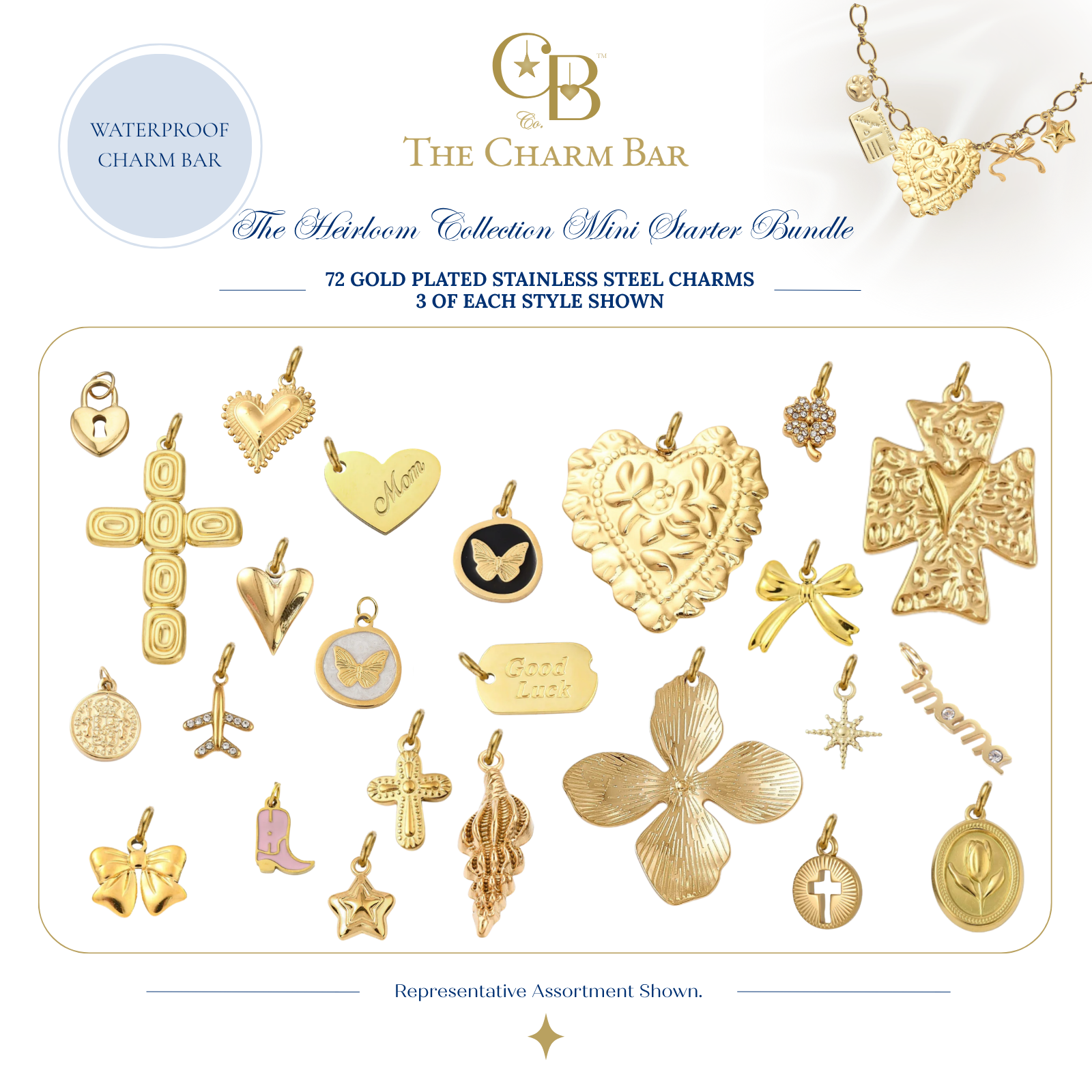 Representative assortment of 72 gold-plated stainless steel charms included in The Charm Bar Heirloom Collection Mini Starter Bundle, featuring hearts, crosses, butterflies, florals, bows, airplanes, boots, faith-inspired charms, and other bestselling designs for custom charm jewelry.