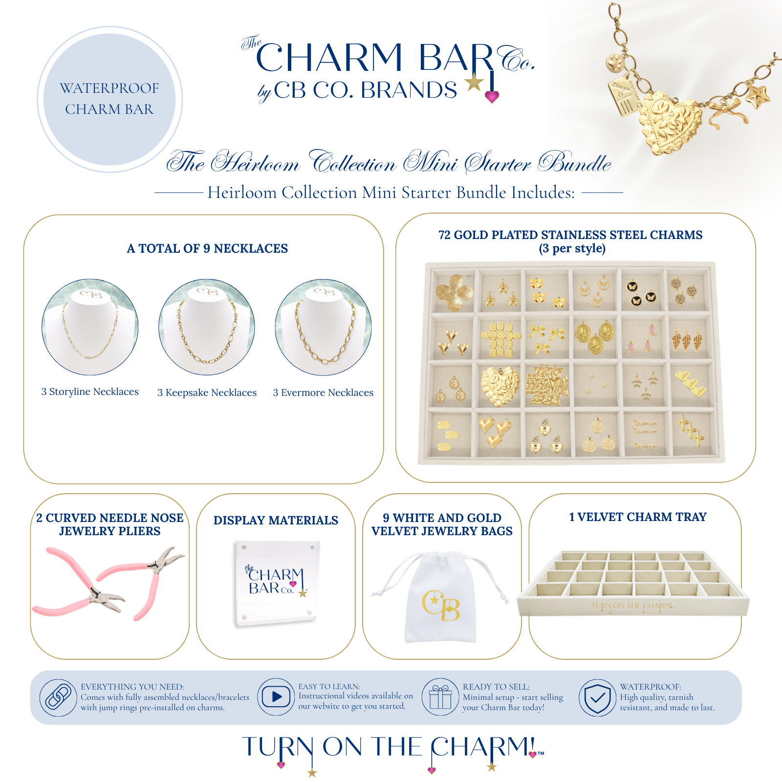 Gold Heirloom Collection Mini Starter Bundle for The Charm Bar featuring 72 gold-plated stainless steel charms, nine necklace bases, jewelry pliers, display signage, velvet jewelry bags, and a velvet charm tray for creating a waterproof charm bar display.