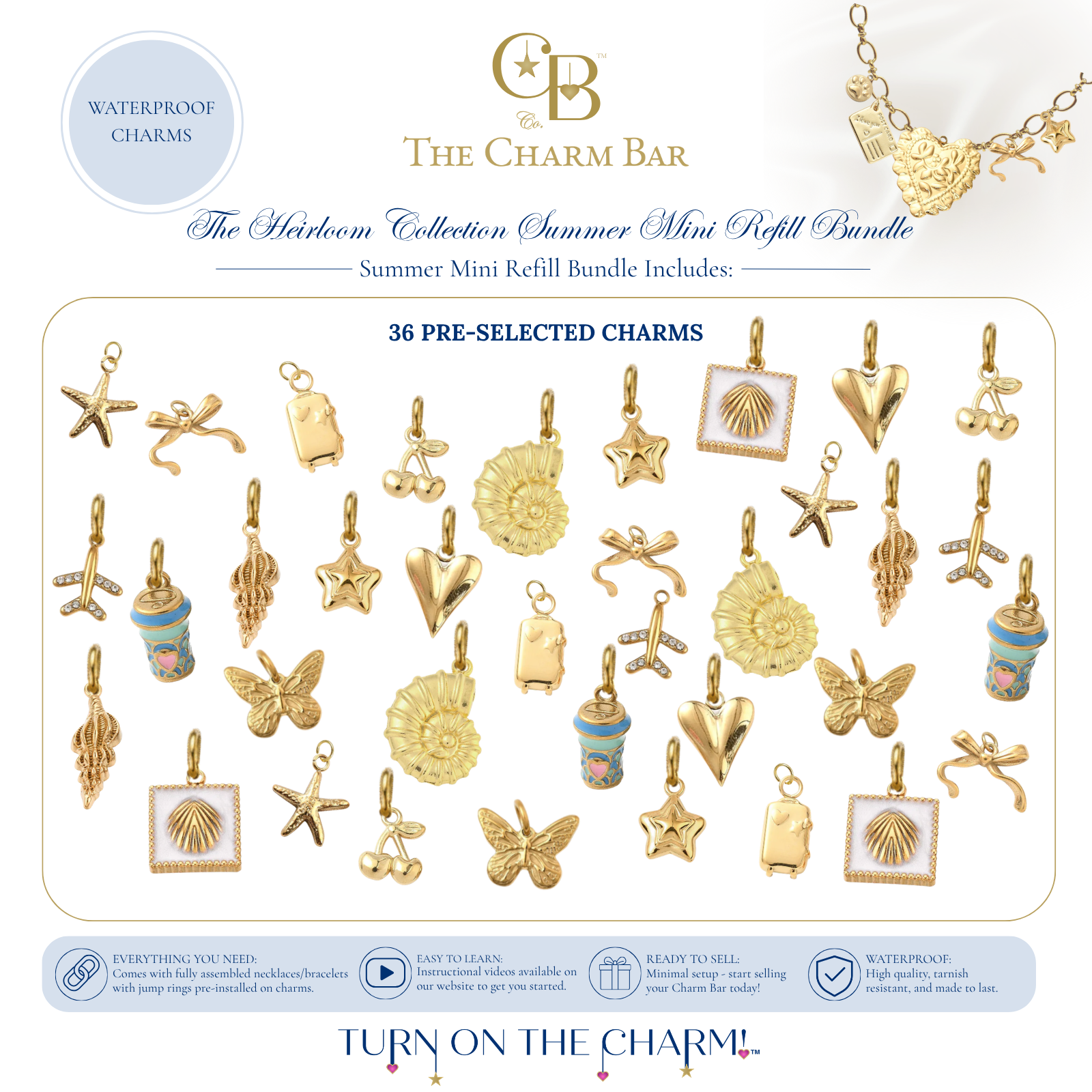 The Charm Bar Heirloom Collection Summer Mini Refill Bundle featuring 36 pre-selected waterproof 18K gold PVD plated charms, including seashells, starfish, butterflies, cherries, bows, puffy hearts, coffee cups, airplanes, luggage tags, seashell tiles, and coastal-inspired charms for creating custom waterproof charm necklaces and bracelets.
