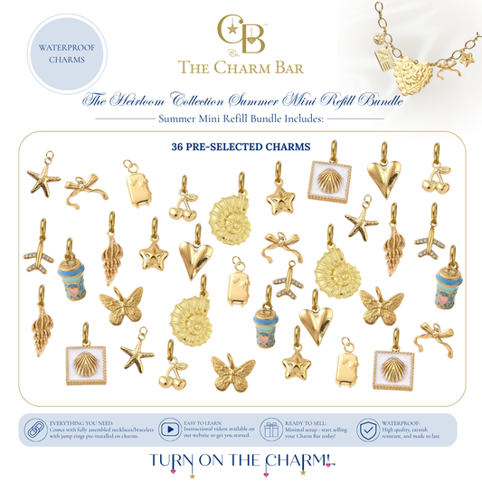 The Charm Bar Heirloom Collection Summer Mini Refill Bundle featuring 36 pre-selected waterproof 18K gold PVD plated charms, including seashells, starfish, butterflies, cherries, bows, puffy hearts, coffee cups, airplanes, luggage tags, seashell tiles, and coastal-inspired charms for creating custom waterproof charm necklaces and bracelets.
