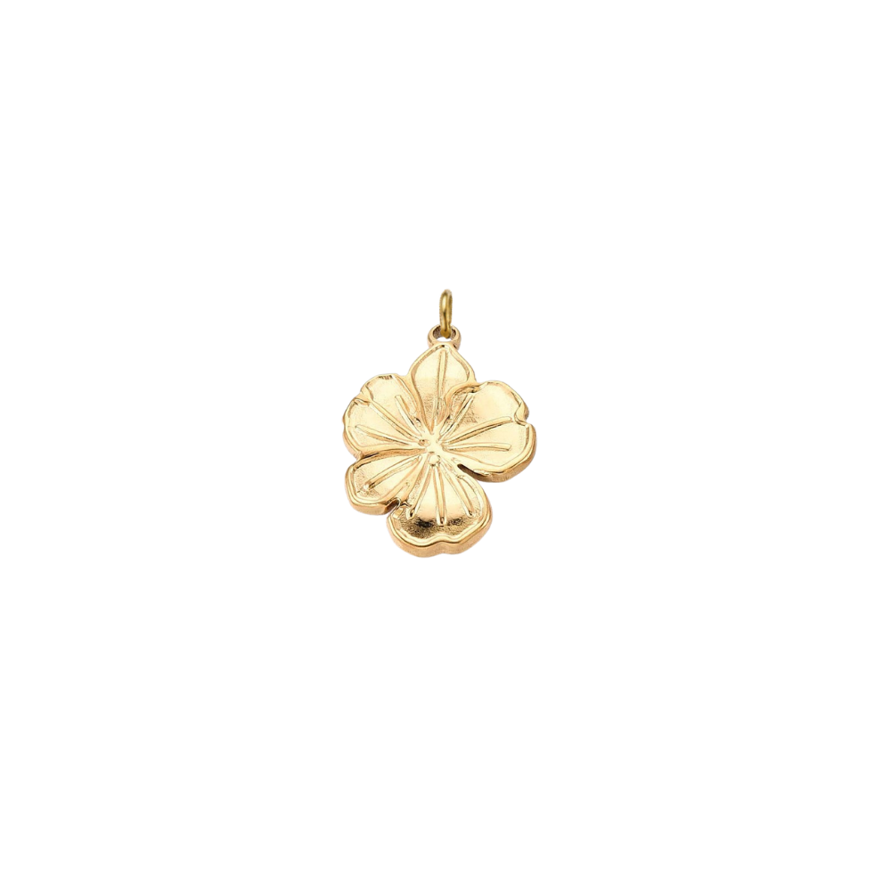 Gold hibiscus flower charm with engraved petal details and a polished finish on a transparent background.