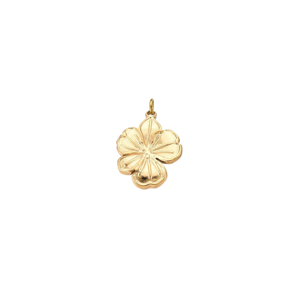 Gold hibiscus flower charm with engraved petal details and a polished finish on a white background.