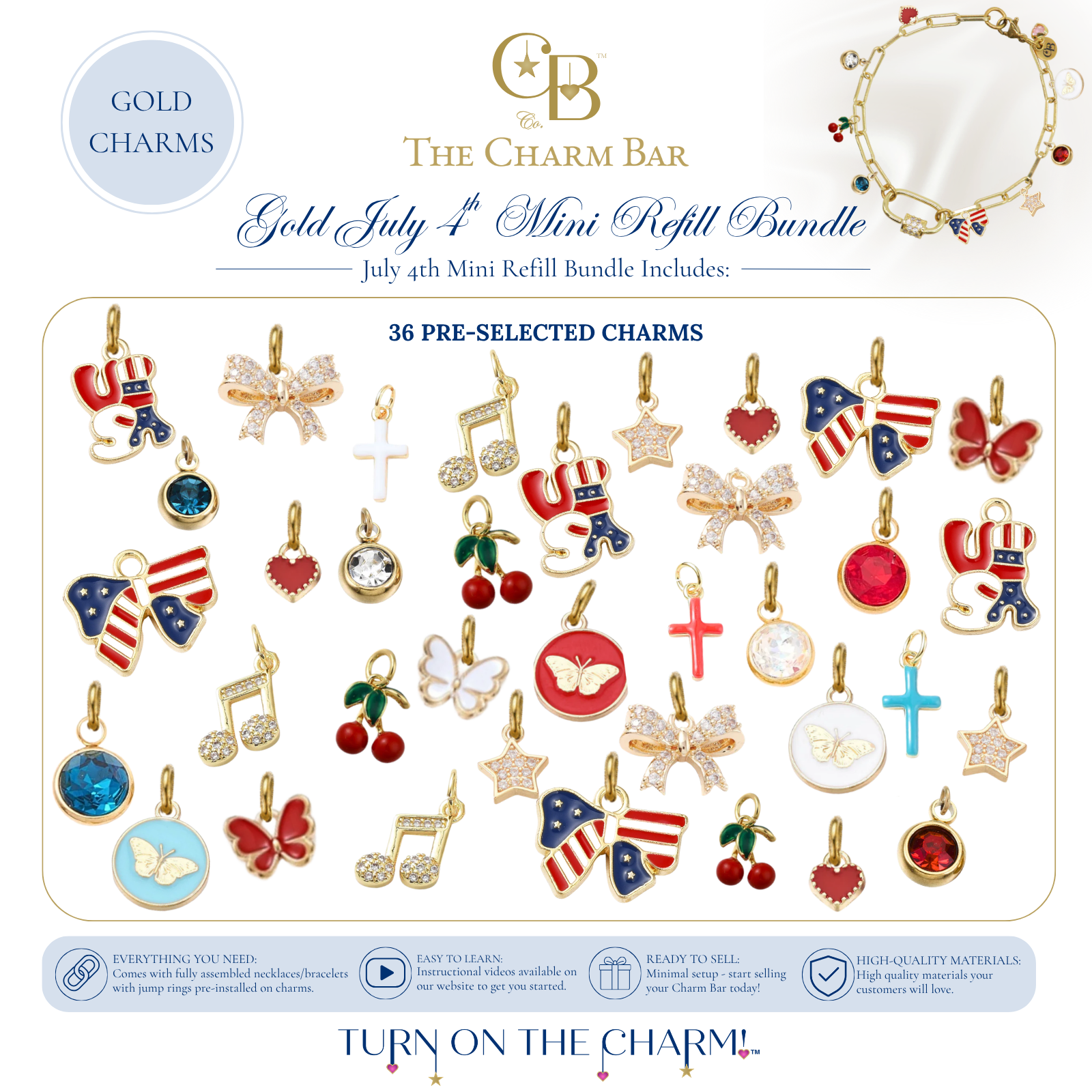 The Charm Bar Gold July 4th Mini Refill Bundle featuring 36 pre-selected 18K gold plated patriotic charms, including American flag bows, Uncle Sam hats, red, white and blue gemstones, butterflies, cherries, crosses, music notes, stars, hearts, and summer-inspired charms for creating custom Fourth of July charm necklaces and bracelets.