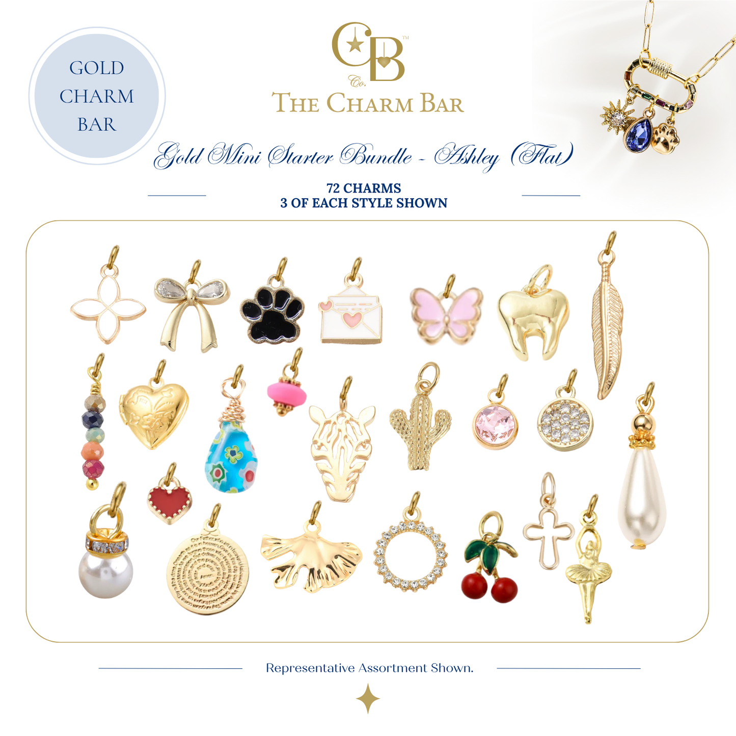 Representative assortment of 72 gold charm bar charms included in The Charm Bar Gold Mini Starter Bundle – Ashley (Flat), featuring butterflies, bows, cherries, hearts, pearls, gemstones, cactus, zebra, tooth, feather, cross, ballerina, and other trendy charms for custom jewelry making.