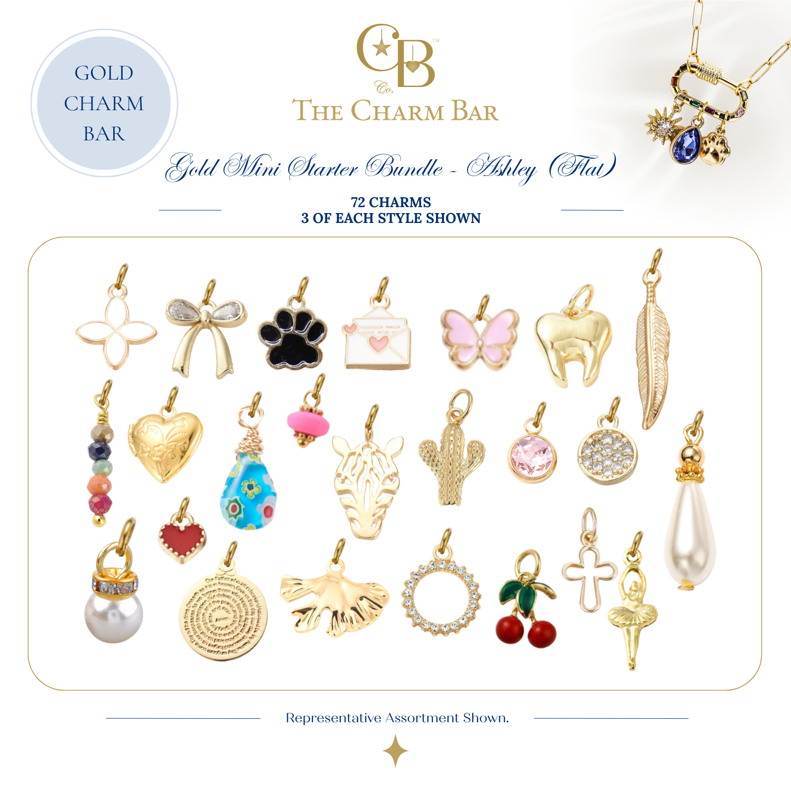 Representative assortment of 72 gold charm bar charms included in The Charm Bar Gold Mini Starter Bundle – Ashley (Flat), featuring butterflies, bows, cherries, hearts, pearls, gemstones, cactus, zebra, tooth, feather, cross, ballerina, and other trendy charms for custom jewelry making.