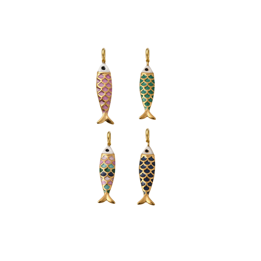 Four gold enamel fish charms featuring colorful scale patterns in dark pink, green, navy, and multicolor on a white background.