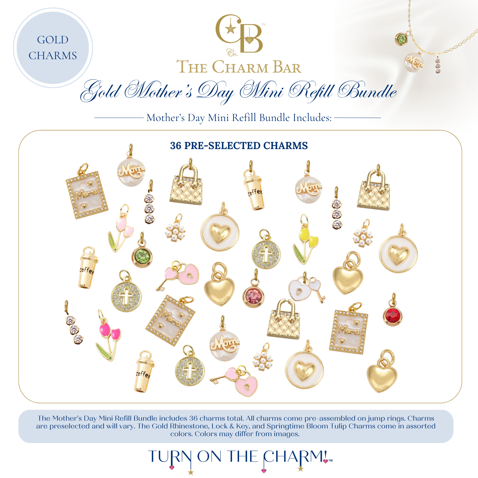 The Charm Bar Gold Mother's Day Mini Refill Bundle featuring 36 pre-selected gold Mother's Day charms for charm bars and jewelry displays. Includes mom charms, heart lockets, quilted handbag charms, coffee cup charms, tulips, cross medallions, heart lock and key charms, rhinestone accents, pearl clusters, heart charms, and colorful gemstone charms for creating custom Mother's Day charm necklaces and bracelets.
