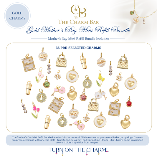 The Charm Bar Gold Mother's Day Mini Refill Bundle featuring 36 pre-selected gold Mother's Day charms for charm bars and jewelry displays. Includes mom charms, heart lockets, quilted handbag charms, coffee cup charms, tulips, cross medallions, heart lock and key charms, rhinestone accents, pearl clusters, heart charms, and colorful gemstone charms for creating custom Mother's Day charm necklaces and bracelets.