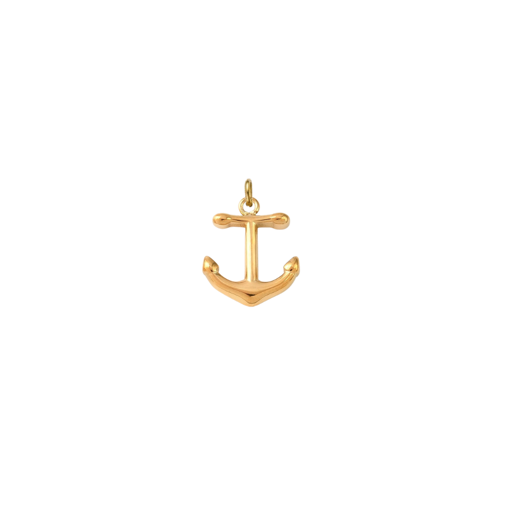 Gold nautical anchor charm with a polished finish on a white background.