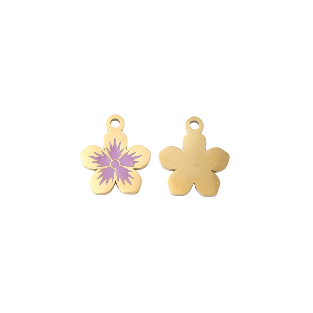 Front and back view of a gold flower charm featuring a five-petal design with a lavender purple floral center on the front and a smooth polished gold back.