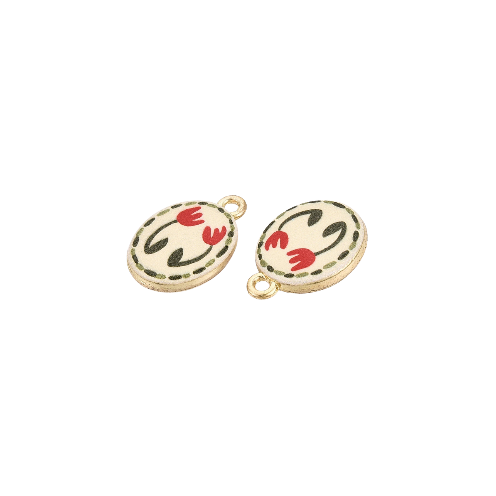 Pair of gold oval charm side view featuring two red tulip illustrations with a dotted olive green border on a cream background