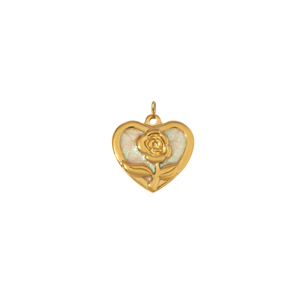 Gold heart-shaped charm featuring a raised rose design over a shimmering iridescent enamel background, displayed on a transparent background.