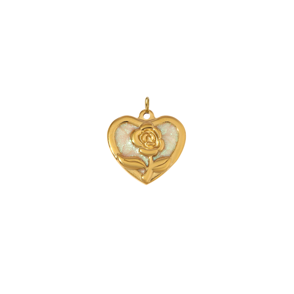 Gold heart-shaped charm featuring a raised rose design over a shimmering iridescent enamel background, displayed on a white background.